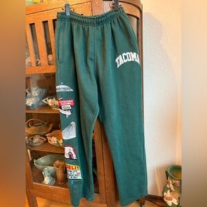 eTc Rarewear Green Sweatpants w/Tacoma Patches down Leg. Pockets in front Unisex
